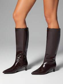 SHUZIA Women's Minimalist Comfortable Sexy Pointed Toe Kitten Heel Knee High Boots For Christmas - Chocolate Brown - View 2