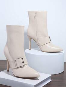 SHUZIA Minimalist Buckle Decor Side Zipper Stiletto Heeled Boots - Khaki - View 2