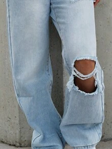 SAYEHFBABY Women's Fashion High Waist Straight Wide Leg Ripped Jeans - Light Wash - View 4