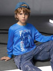 Transformers X SHEIN 青少年男孩休闲日常街头机器人与字母印花套头衫，春秋季 - 藍色 - 查看 3