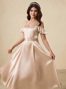 少女荷叶边拼接腰部 A 字型优雅派对、返校、圣诞节、万圣节连衣裙 - 杏色 - 查看 7