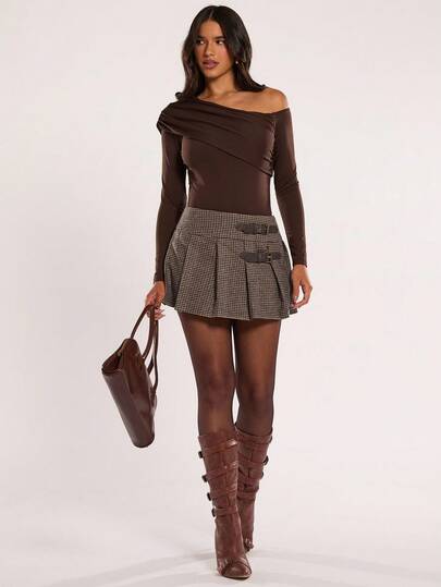 SHEIN BAE Women's Autumn And Winter Fashion Brushed Tweed Plaid Belt Buckle Pleated A-Line Skirt, Suitable For Commuting, Leisure, Going Out, Girlfriends Gathering, Campus Wear, Old Money Style, Multiple Occasions, Skater Skirt, Pleated Skirt, Plaid Skirt,Casual Women Outfits , Business Casual Women,Fall,Brown Skirt