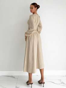 Siren Gaze Women's Apricot Autumn Elegant Wedding Guest Dress,Solid V-Neck Lantern Sleeve Waist-Cinching Pleated Long Dress,Business Casual Work Teacher Outfits - Apricot - View 2