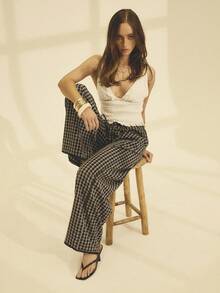 Aralina 秋冬款 Stolkhom 格纹阔腿裤，侧边口袋，腰部和裤脚饰有撞色蕾丝边，休闲机场装扮 - 彩色 - 查看 8