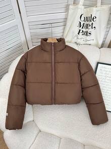 SHEIN Giacca corta con collo a bavero, maniche lunghe, in colore marrone cacao, per ragazze adolescenti. Giacca di stile vintage, regolabile in vita, con collo alto, adatta per la scuola, Pasqua, Natale, uso all'aperto, autunno/inverno. - Castano - Visualizzare 4