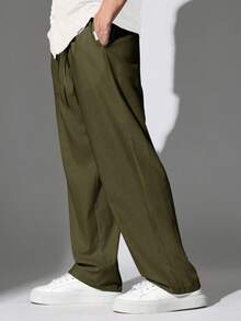 SUMWON 阔腿亚麻混纺抽绳裤休闲夏季长裤舒适直筒剪裁宽松宽松度假海滩休闲裤度假日常休闲裤 - 橄欖綠 - 查看 2