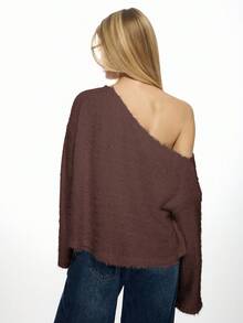 MISSGUIDED Fluffy Knit Off Shoulder Sweater Long Bell Sleeve Distressed Fuzzy Pullover Fall Winter Casual Oversized Knitted Top - Coffee Brown - View 2