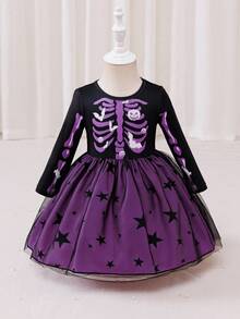 Glamorique Kids 女婴优雅紫色长袖星星网眼万圣节连衣裙 - 紫色 - 查看 1