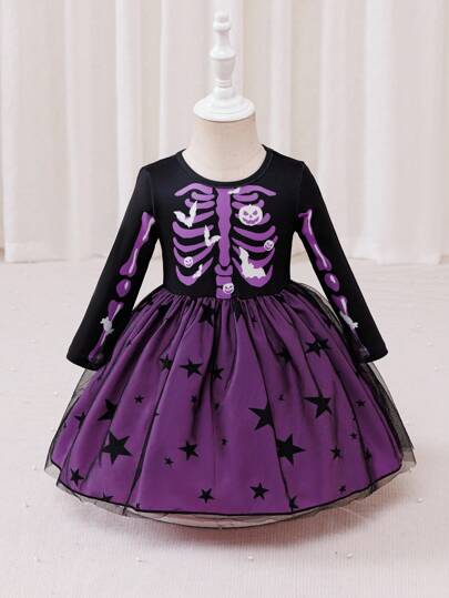 Glamorique Kids 女婴优雅紫色长袖星星网眼万圣节连衣裙
