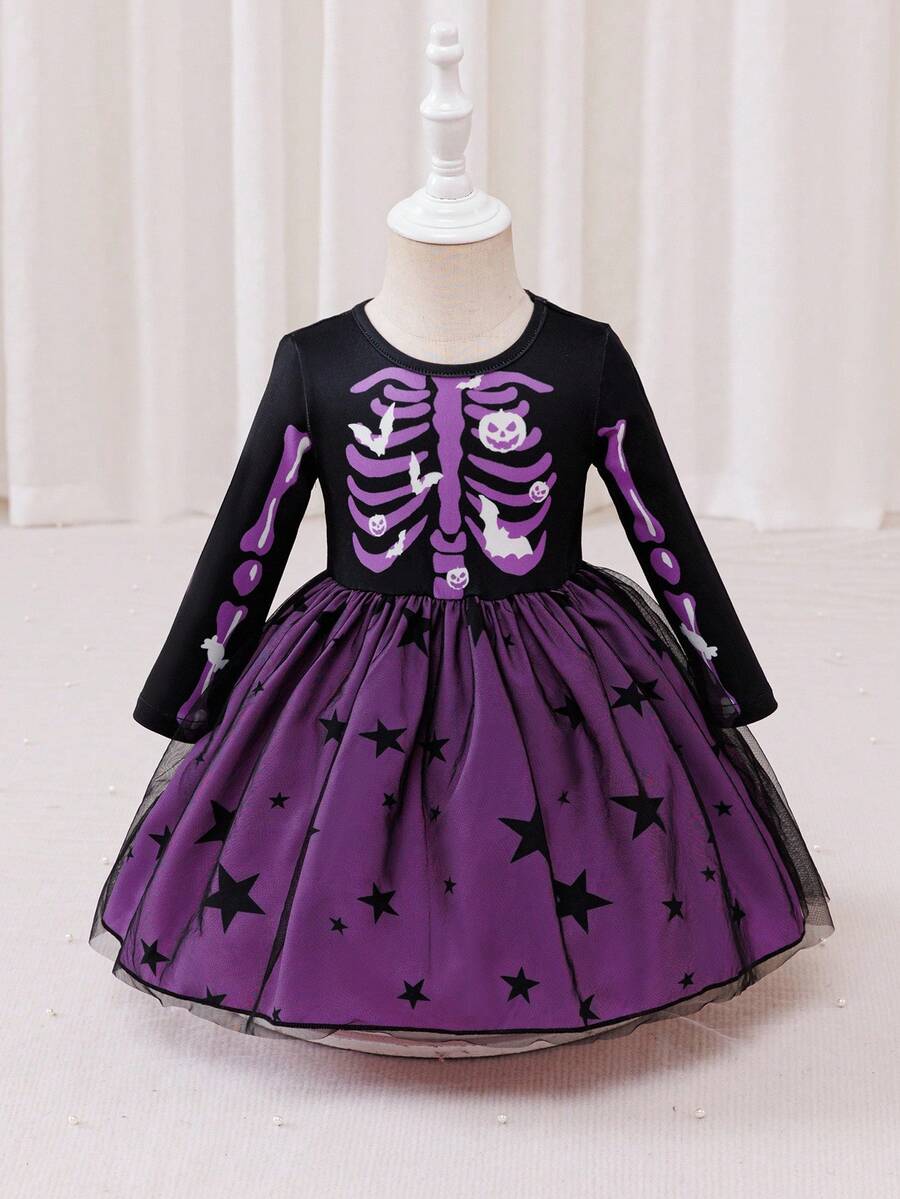 Glamorique Kids 女婴优雅紫色长袖星星网眼万圣节连衣裙 - 紫色 - 查看 1