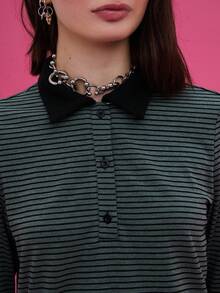 COUREZ Rugby Polo Shirt With Frill Hem /Y2K Going Out Women Cute Spring Back To School Date - Grey - View 6