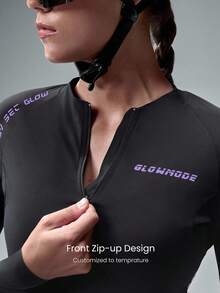 GLOWMODE Ride On Quick-Dry Long-Sleeve Waist Length Front Zipper Multi-Pockets Contrasting Logo Non-Slip Strips Cycling Biking Jersey Gym Training Workout - Black - View 3