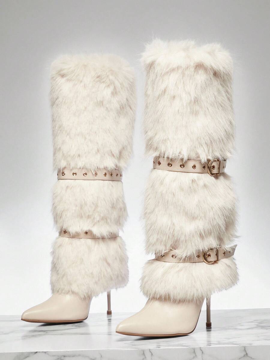 SHUZIA 女士时尚毛茸茸尖头细高跟及膝靴，带扣带装饰 - 米色 - 查看 1