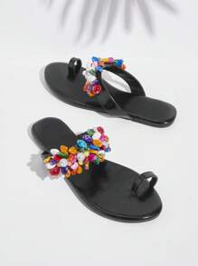 SHUZIA Women Fashionable Beaded Decorated Versatile Flat Sandals - Black - View 2
