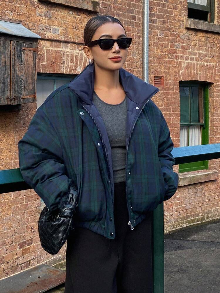 Women's Reversible Plaid Padded Coat, Suitable For Autumn/Winter Jacket Y2k