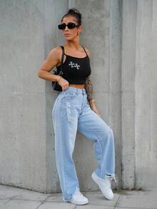 SAYEHFBABY 女式休闲做旧毛边洗水牛仔裤 - 淺色水洗藍 - 查看 4