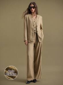 Ontre 2025 极简韩风，卡其色，亚麻混纺，口袋，宽松直筒，女士西装外套，翻领，商务休闲，办公室通勤，日常穿着，秋冬 - 卡其色 - 查看 2