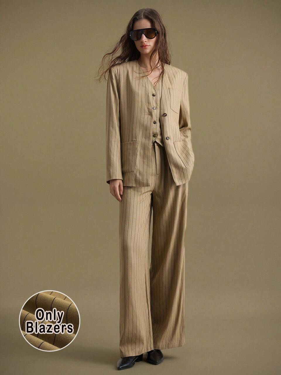 2025 Women's Blazer Jacket,Khaki,Summer,Business Casual,Office,Korean Style Linen Blend Loose Straight Fit Lapel Collar Pockets Daily Autumn Winter
