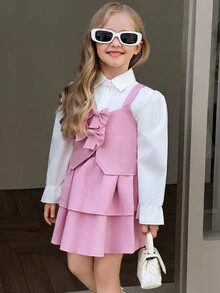 SHEIN Elladie kids 3件套女童时尚蝴蝶结装饰吊带背心搭配白色长袖衬衫和可爱粉色裙子，秋冬套装 - 杏色 - 查看 6