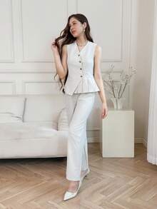 Tween Girl Elegant 2 Pieces Set: Button V-Neck Sleeveless Top And Elastic Waist Pants - Beige - View 4