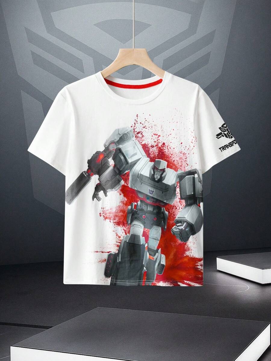 Transformers X SHEIN 青少年男孩机器人图案圆领 T 恤 - 白色 - 查看 1