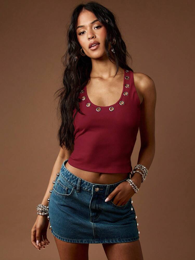 MISSGUIDED Ribbed Tank Top With Metal Eyelet Details Scoop Neck Summer Casual Crop Top Fitted Sleeveless Basic Festival Party Wear