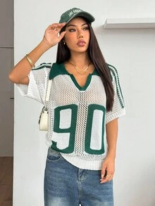 SHEIN PETITE 女士休闲镂空针织短袖上衣，假日，夏季，外出上衣，复古女式上衣，学院风上衣，沙滩，度假，绿白配色，欧洲夏季，街头风，图案T恤，秋季 - 白色 - 查看 7