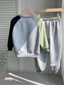 2pcs/Set Young Boys Casual Comfortable Versatile Colorblock Raglan Sleeve Crew Neck Sweatshirt & Long Pants Set, Young Boys Clothes For School, Thermal Lined Brushed Thick Tracksuit - Multicolor - View 2