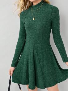 Miaspire Women's Solid Color Stand Collar Long Sleeve Ribbed Hem Casual Mini Dress, Spring Autumn