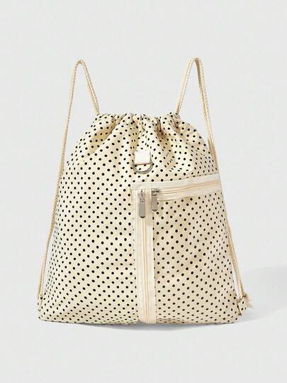 Anime Retro Beige Polka Dot Drawstring Backpack With Transparent Side Zipper Pocket, Large Capacity Multi-Functional Casual Backpack Suitable For Campus, Vacation, Social, Shopping