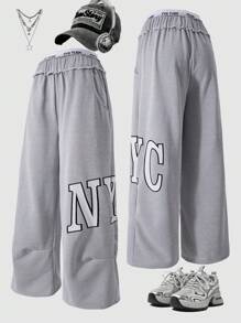 SHEIN Explorewe 少女字母印花松紧腰口袋阔腿宽松休闲运动裤 - 灰色 - 查看 1