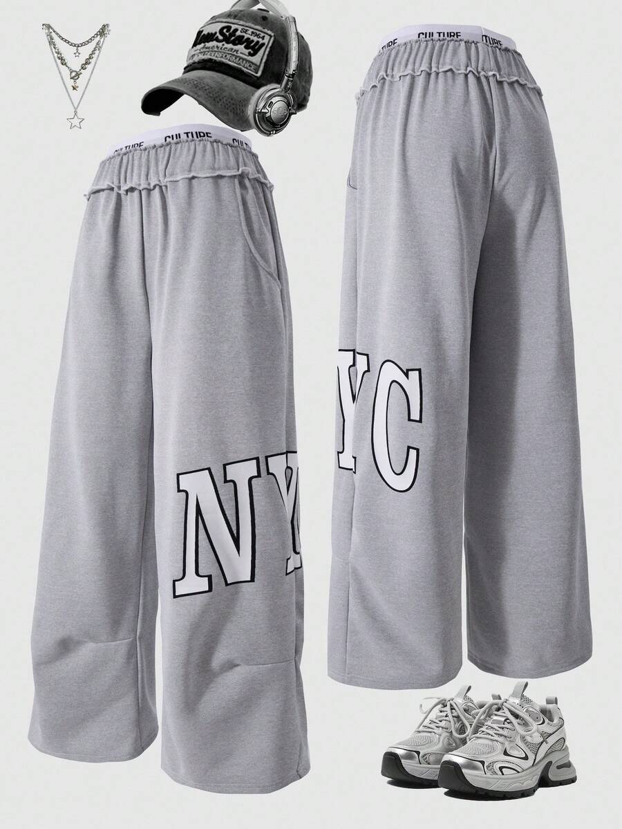 SHEIN Explorewe 少女字母印花松紧腰口袋阔腿宽松休闲运动裤 - 灰色 - 查看 1