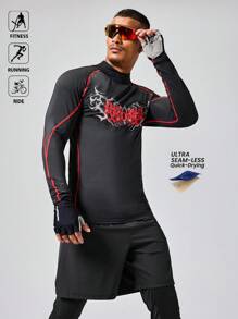 Acti Log 男士字母印花立领插肩袖休闲健身运动T恤压缩衣 - 黑色 - 查看 3