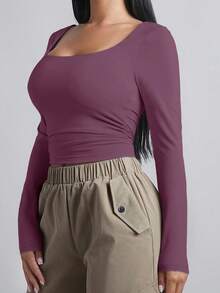 SHEIN BAE Women's Casual Solid Color Long Sleeve T-Shirt, Versatile For Winter - Dusty Purple - View 3