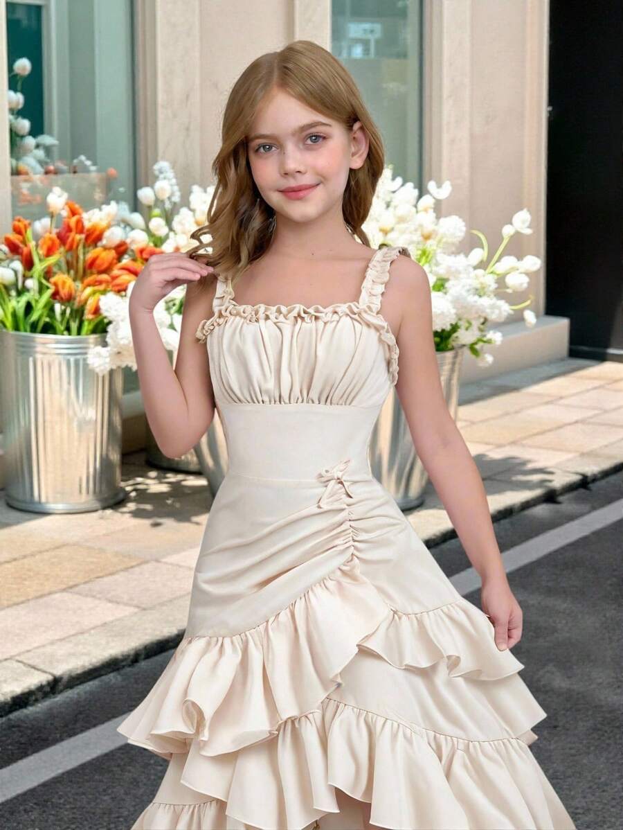 SHEIN Serisse Kids 少女杏色胸部褶皱多层不对称荷叶边吊带腰优雅连衣裙，法式仙女裙，春季郊游，情人节，生日派对，圣诞派对，情人节少女 - 米色 - 查看 1