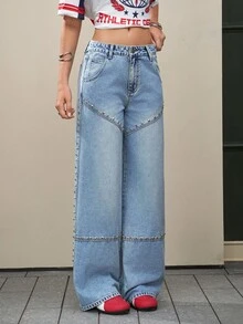 Jeanoix Jeans anchos y sueltos de diseño con bolsillos y remaches para mujer - Azul - Ver 3