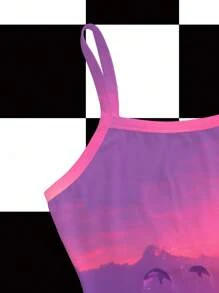 Shutterstock Y2Kool 女士 Digital City Baddie Y2K 海豚和未来城市日落印花吊带背心，夏季 - 彩色 - 查看 3