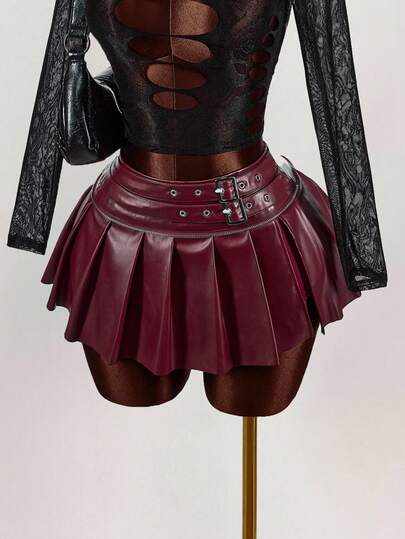 Amplova Women's Ultra-Low-Waist Wide-Pleated Slit Mini Skirt With A Decorative Belt Buckle