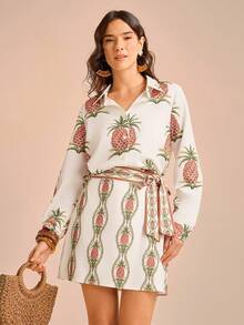 CAJUNI Chemise à manches longues à simple boutonnage avec imprimé ananas, style décontracté pour femmes