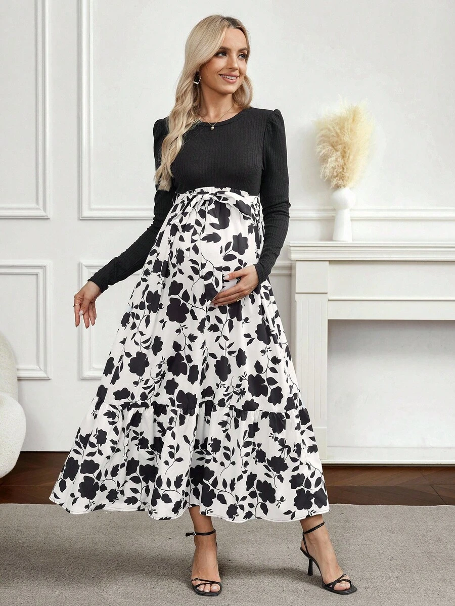 SHEIN Printed Long Slim Fit Casual Long Sleeve Round Neck Maternity Dress - Black - View 1