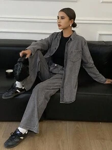 DAZY 秋冬新款宽松休闲做旧洗水女式牛仔套装 - 灰色 - 查看 8