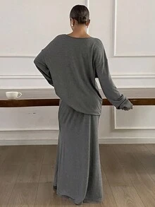 Livesso Herbst/Winter Neue Locker Lässige Einfarbige Schlabberige Frauen 2-Teiliges Set Loungewear für Frauen - Grau - Übersicht 2