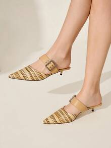 CUCCOO CHICEST 女士优雅尖头编织带扣装饰小猫跟高跟鞋，舒适休闲/工作穆勒鞋，卡其色仿皮，适合下午茶、约会、派对、办公室、度假，用途广泛 - 杏色 - 查看 3