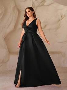 SHEIN Belle Plus Size Deep V-Neck High Slit Asymmetrical Bow Formal Dress, Elegant Evening Gown