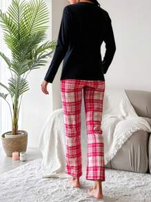 EURMUSE Damen Langarm-Top mit Buchstaben- und Cartoon-Bär-Muster und karierte Hose Pyjama Set