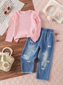 SHEIN Playful Pals Bộ 2 áo thun dài tay thêu họa tiết quả anh đào dễ thương cho bé gái và quần jeans denim thêu họa tiết quả anh đào đã giặt, phù hợp mặc thường ngày, đi học, ngày lễ, trở lại trường - Hồng - Xem 4