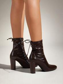 SHUZIA Women's Comfortable, Durable, Essential Self-Tie Block Heel Booties - Chocolate Brown - View 5