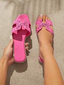 SHUZIA 新款夏季休閒時尚防滑編織平底涼鞋，裝飾的鑽石設計 - 玫紅色 - 查看 2