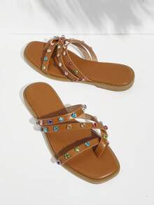 SHUZIA Sandalias de punta abierta con strass de varios colores y diseño deslizante en tono bronceado - Marrón - Ver 4