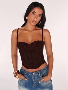 SHEIN BAE Áo hai dây ren gợi cảm, Dự tiệc, Đêm hẹn hò, Đi làm, Áo lót bralette dễ thương, Áo câu lạc bộ gợi cảm, Áo corset, Áo không dây, Áo đi chơi, Áo mùa hè, Áo dễ thương, Mùa hè dành cho phụ nữ, Áo ren - Cà phê nâu - Xem 5